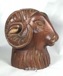 Vintage Wood Folk Art Carving Mountain Goat Ram Hand Carved Wooden Sculpture