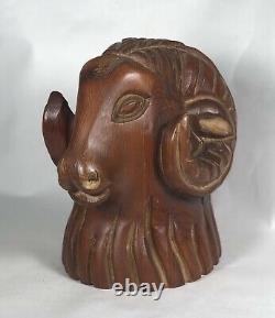 Vintage Wood Folk Art Carving Mountain Goat Ram Hand Carved Wooden Sculpture