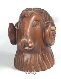 Vintage Wood Folk Art Carving Mountain Goat Ram Hand Carved Wooden Sculpture