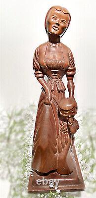 Vintage Wood Mahogany Mother Daughter Statue Carved Folk Art- Signed