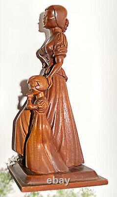 Vintage Wood Mahogany Mother Daughter Statue Carved Folk Art- Signed