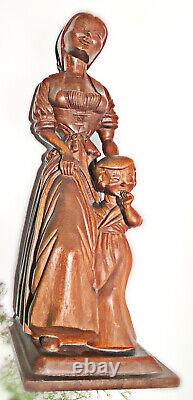 Vintage Wood Mahogany Mother Daughter Statue Carved Folk Art- Signed