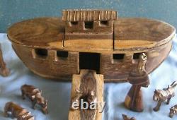 Vintage Wooden Folk Art Hand Carved Noah's Ark Boat Animals Figurines Set