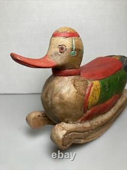 Vintage Wooden Hand Carved Duck Rocking Horse Painted Primitive Folk Art