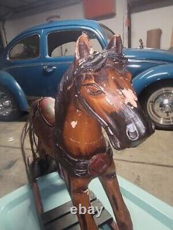 Vintage Wooden Rocking Carousel Horse Hand Carved & Painted Beautiful Folk Art