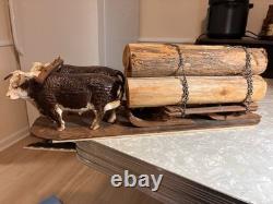 Vintage Yoked Oxen Pulling Logs Folk Art Hand Carved Claude Anible Very Nice