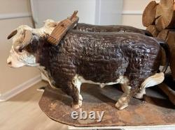 Vintage Yoked Oxen Pulling Logs Folk Art Hand Carved Claude Anible Very Nice