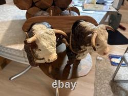 Vintage Yoked Oxen Pulling Logs Folk Art Hand Carved Claude Anible Very Nice