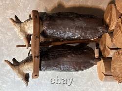 Vintage Yoked Oxen Pulling Logs Folk Art Hand Carved Claude Anible Very Nice