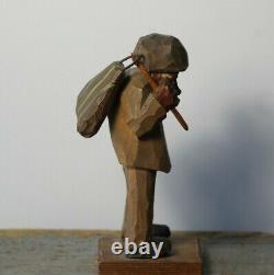Vintage c. 1940's Swedish Carved Wood Hobo with Satchel Folk Art Carving