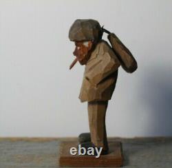Vintage c. 1940's Swedish Carved Wood Hobo with Satchel Folk Art Carving
