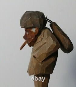 Vintage c. 1940's Swedish Carved Wood Hobo with Satchel Folk Art Carving