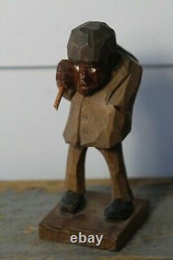 Vintage c. 1940's Swedish Carved Wood Hobo with Satchel Folk Art Carving