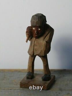 Vintage c. 1940's Swedish Carved Wood Hobo with Satchel Folk Art Carving