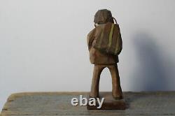 Vintage c. 1940's Swedish Carved Wood Hobo with Satchel Folk Art Carving