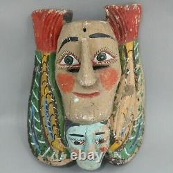 Vintage carved face mask folk art double face OOAK wood wall hanging decoration