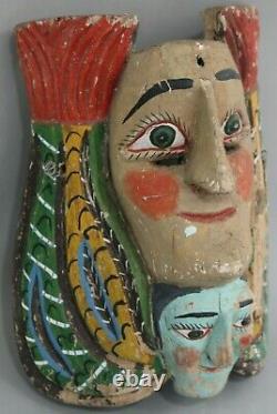 Vintage carved face mask folk art double face OOAK wood wall hanging decoration