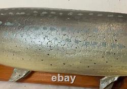 Vintage carved wood 1949 Flowers pike fish sculpture wall mount trophy folk art