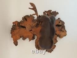 Vintage folk art hand carved wood moose sculpture on burl wood base signed KK 87