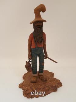 Vintage folk art hand carved wood sculpture old moonshiner man whiskey gun KK 88