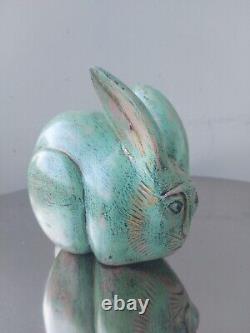 Vintage folk art solid wood carved sculpture rabbit