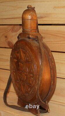 Vintage folk floral carved wood wine/brandy bottle pitcher