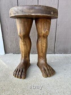 Vintage hand carved wood folk art legs/feet stool RARE