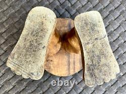 Vintage hand carved wood folk art legs/feet stool RARE