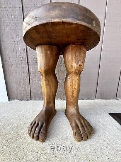 Vintage hand carved wood folk art legs/feet stool RARE