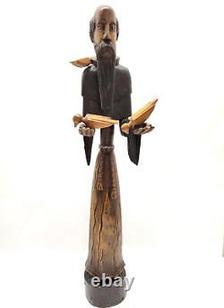 Vintage hand carved wood signed Folk Art St Francis Assisi 23.75'' Statue