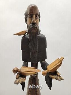 Vintage hand carved wood signed Folk Art St Francis Assisi 23.75'' Statue