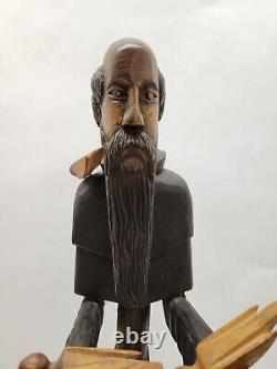 Vintage hand carved wood signed Folk Art St Francis Assisi 23.75'' Statue