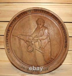 Vintage hand carved wood wall hanging plate miner portrait