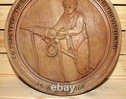 Vintage hand carved wood wall hanging plate miner portrait