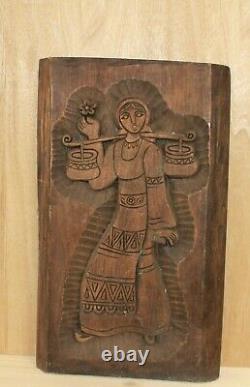Vintage hand carving wood wall hanging plaque woman with folk costume