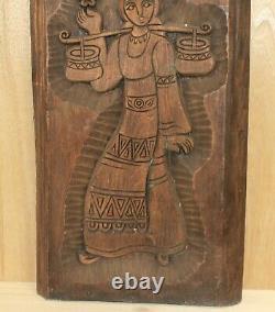 Vintage hand carving wood wall hanging plaque woman with folk costume