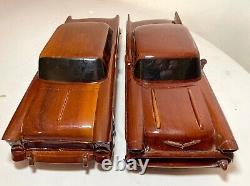 Vintage handmade carved mahogany folk art Chevrolet scale models cars sculptures