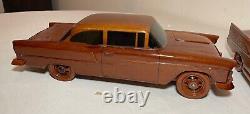 Vintage handmade carved mahogany folk art Chevrolet scale models cars sculptures