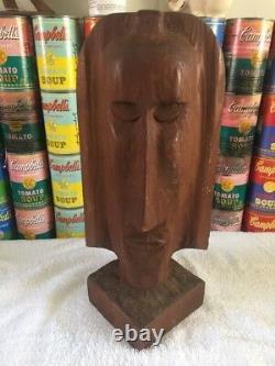 Vintage mid century modern folk art hand carved wood bust head sculpture