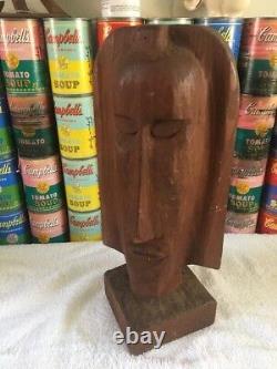 Vintage mid century modern folk art hand carved wood bust head sculpture