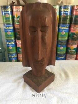 Vintage mid century modern folk art hand carved wood bust head sculpture