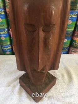 Vintage mid century modern folk art hand carved wood bust head sculpture