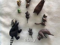 Vintage miniature Wood Carving Folk Art finest quality Lot of Owl Racoon Frogs +