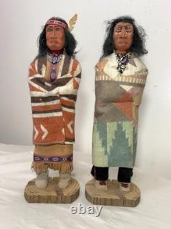 Vintage pair hand carved wood Folk Art Native America Big Mountain skookum doll