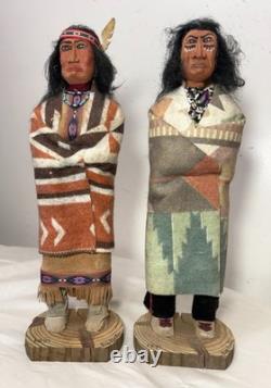 Vintage pair hand carved wood Folk Art Native America Big Mountain skookum doll