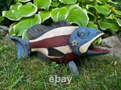 Vintage patriotic painted wooden folk art fish by Robert Allen Francis