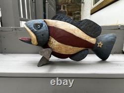Vintage patriotic painted wooden folk art fish by Robert Allen Francis