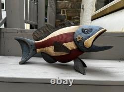 Vintage patriotic painted wooden folk art fish by Robert Allen Francis