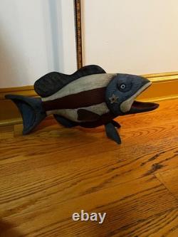 Vintage patriotic painted wooden folk art fish by Robert Allen Francis
