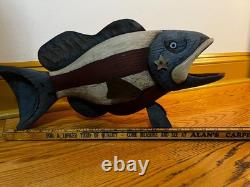 Vintage patriotic painted wooden folk art fish by Robert Allen Francis